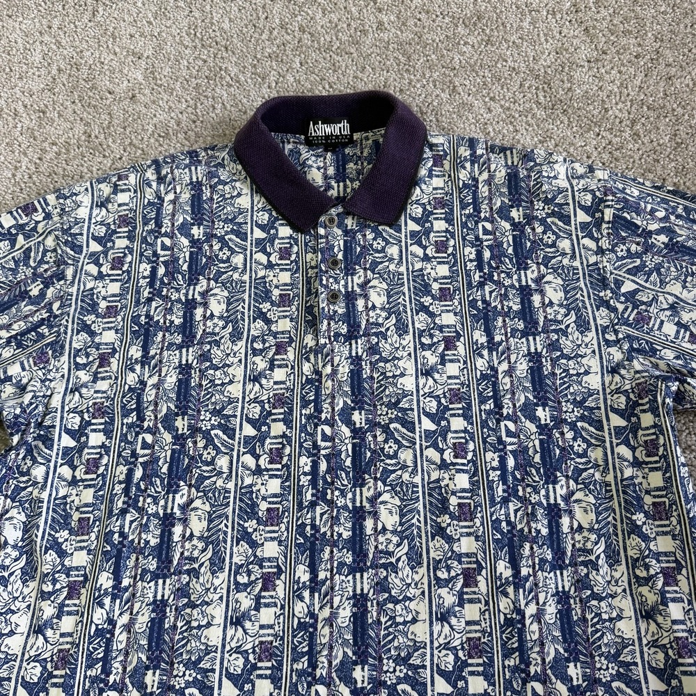 Vintage Ashworth Golf Polo Shirt Mens M Blue Floral Knit Short Sleeve Golf Top